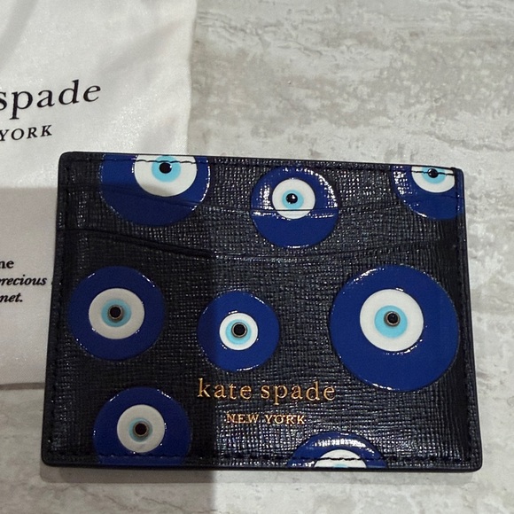 Kate Spade Black and Blue Circle Pattern Card Holder Evil Eye Rare - Picture 2 of 4
